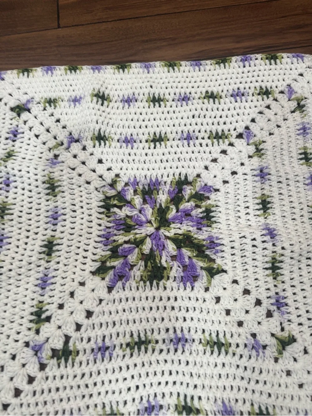 Crochet Square Blanket - White with Lavender & Green Accents 31